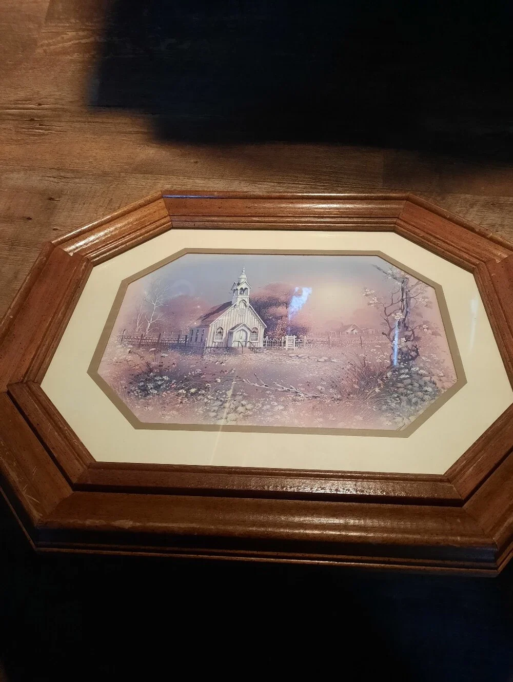 Vintage Framed Homeco Pastel Chapel Print in Brown Octagonal Frame